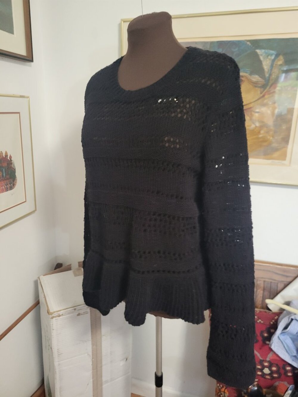 NWT Divided Black Big Stitch Knit Sweater Ruffle Hem Size